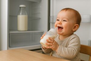 A visual representation of waste reduction: one small, labeled bottle of milk being fed to a baby, while a larger, unused bottle remains safely sealed in the refrigerator.
