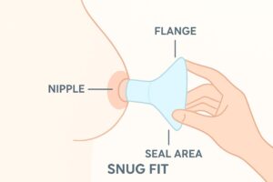 A close-up, instructional shot showing a hand demonstrating the correct fit of a breast pump flange around a nipple, ensuring snug fit without pinching.