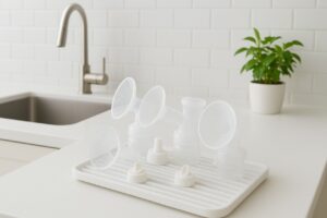 A clean, practical shot showing various breast pump parts (flanges, valves) being air-dried on a clean drying rack, away from a sink.
