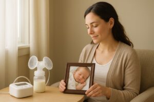 A relaxed new mother sitting in a comfortable chair, gently looking at her baby's photo while her hands are near a double electric breast pump setup.