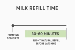 Conceptual graphic showing a timeline illustrating that milk refills quickly after pumping, with a soft green highlight indicating the 30-60 minute 'refill' period.