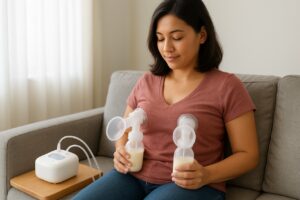 A clear, well-lit photograph showing a mother calmly operating a double electric breast pump, emphasizing efficient milk expression for supply maintenance.