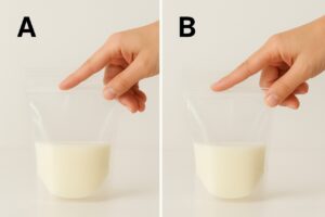 A step-by-step visual showing milk settled at the bottom of the bag, followed by the final act of sealing the double zipper lock completely.