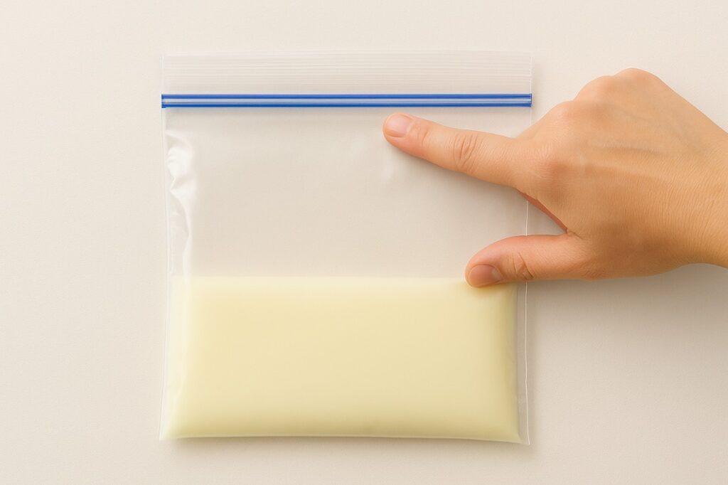 A clear, top-down view showing a partially filled breast milk storage bag laid flat, with the remaining air collected neatly at the top zipper seal.