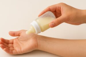 A close-up shot of a hand gently dropping a few drops of warmed breast milk onto a wrist to test the temperature before feeding.