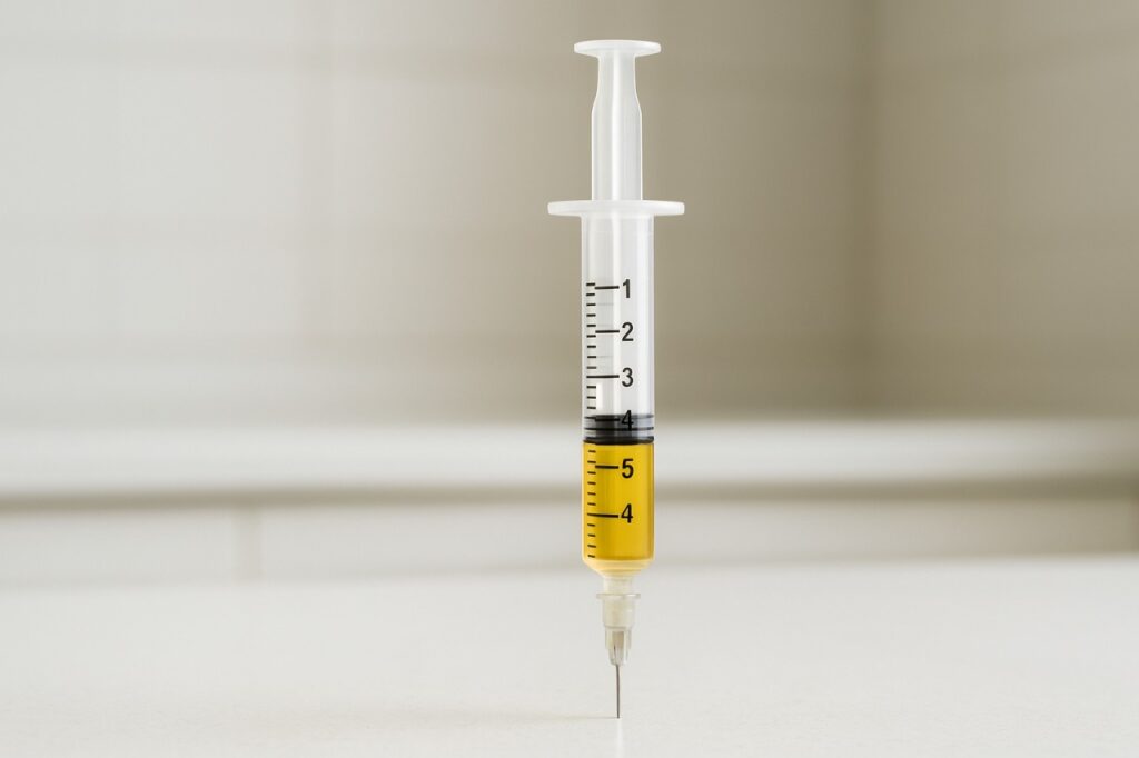 A close-up, bright photo showing a small sterile syringe being used to collect a few drops of thick, golden colostrum via hand expression.