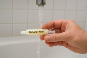 A mother gently thawing a small syringe of frozen colostrum under warm running water, emphasizing the gentle warming method.