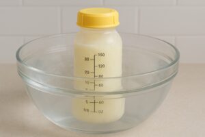 A bowl of warm water (body temperature) with a submerged breast milk bottle, illustrating the controlled warm water bath method.