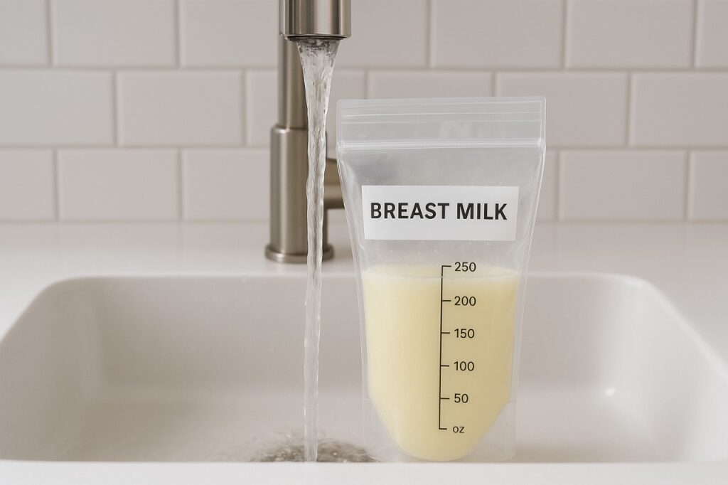 A sealed breast milk bag positioned under a gentle, continuous stream of lukewarm tap water in a clean kitchen sink, illustrating quick and safe thawing.