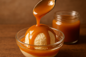 A close-up of a rich, golden-brown goat milk caramel sauce, with a spoon drizzling it over a dessert, highlighting its creamy texture.