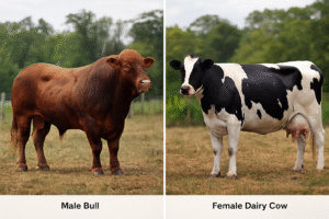 A clear side-by-side comparison of a large, muscular male bull (without udder) and a female dairy cow (with visible udder), illustrating the physical differences in milk production.