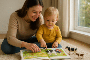 A mother and child looking at a picture book or toy cows on a farm, with the child pointing at a 'mama cow,' symbolizing the teaching moment about milk.