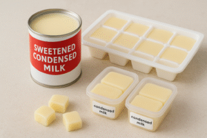 A visual display of a can of sweetened condensed milk, with small frozen portions in ice cube trays and sealed containers, emphasizing smart storage.