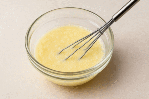 A bowl of thawed sweetened condensed milk, showing a slightly grainy texture, with a whisk gently stirring it smooth, illustrating texture restoration.