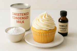 A beautifully piped cupcake topped with creamy, white frosting made from sweetened condensed milk, surrounded by the three simple ingredients.
