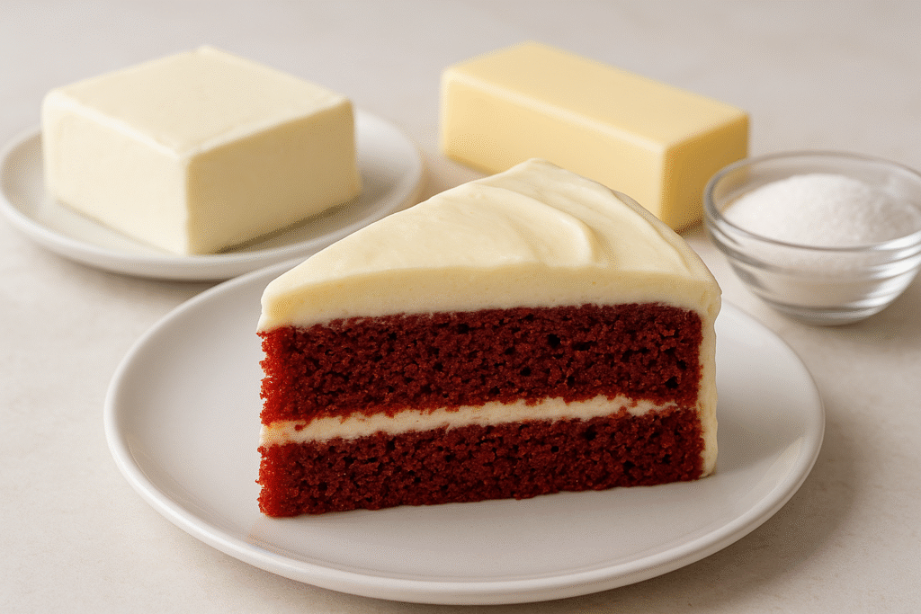 A slice of carrot cake beautifully topped with creamy, smooth cream cheese icing made without powdered sugar, surrounded by its simple ingredients.