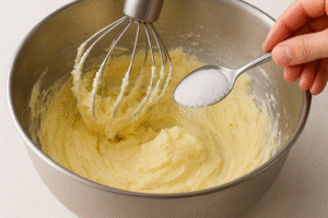 A close-up of a hand mixer in a bowl, actively creaming together room temperature butter and cream cheese, with granulated sugar being gradually added.