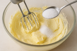 A close-up of a hand mixer in a bowl, actively creaming together room temperature butter and cream cheese, with granulated sugar being gradually added.