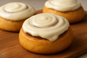 A close-up shot of perfectly frosted cinnamon rolls or carrot cake slices, highlighting the smooth texture and delicious appeal of the cream cheese icing.