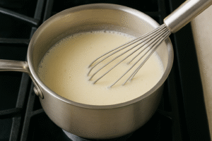 A close-up of a heavy-bottomed saucepan on a stovetop, with a milk and sugar mixture gently simmering, a whisk actively stirring it.