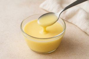 A bowl of freshly made sweetened condensed milk cooling on a counter, visibly thickening, with a spoon dipping into it to show consistency.