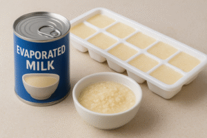 A can of evaporated milk, with small frozen portions in an ice cube tray, and a thawed sample showing grainy texture, symbolizing safe but challenging storage.