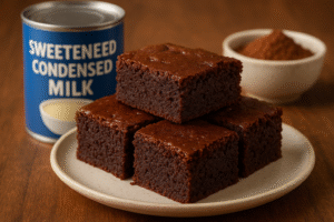 A plate of rich, fudgy chocolate brownies, beautifully cut, with a can of sweetened condensed milk and cocoa powder visible in the background.
