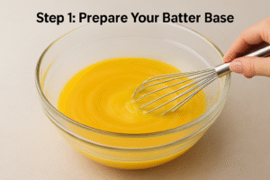 A close-up of a mixing bowl with melted butter, sweetened condensed milk, and eggs being whisked together until smooth and uniform.