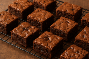 Warm, freshly baked brownies, some with melted chocolate chips visible, cut into squares on a wire rack, ready to be enjoyed.