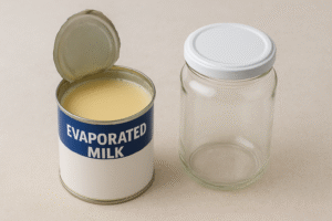 A partially filled, opened can of evaporated milk next to a glass jar, symbolizing the necessary transfer from metal to a sealed container.