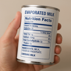 Create a clear, instructional photograph in a **4:3 landscape aspect ratio**. Show a **parent's hand** (or an adult's hand) holding a **can of evaporated milk**. The focus should be a **close-up on the back of the can**, specifically highlighting the **ingredient list** (even if blurred, the intent is clear). The image should convey the careful act of **reading labels** to check for gluten or potential cross-contamination concerns.