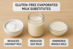 A collection of gluten-free evaporated milk substitutes (coconut milk, oat milk, reduced whole milk) in small bowls, ready for use in cooking.