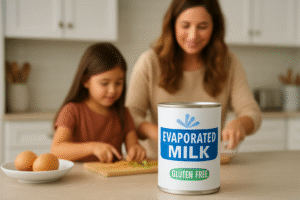 A clear image of an evaporated milk can with a "gluten-free" label, subtly placed in a family kitchen setting with parents preparing food.