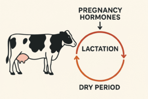 Scientific diagram of cow lactation cycle with hormones