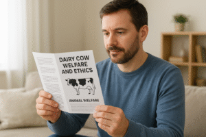 Parent reading a dairy cow welfare guide for family confidence