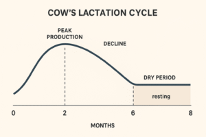 Graphic showing cow lactation cycle with dry period and peak production