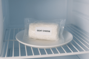 A sealed, frozen package of goat cheese resting on a plate on an inner shelf inside a refrigerator, slowly thawing overnight.