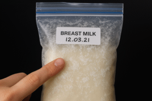 A close-up of a frozen breast milk storage bag clearly showing white, frosty patches indicative of freezer burn, with a visible date label.