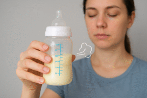 A hand gently swirling a recently thawed bottle of breast milk, with a subtle steam effect and a neutral expression, symbolizing the gentle swirl and smell test for freshness.
