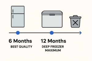 A simple infographic showing a freezer timeline clearly indicating the 6-month and 12-month safe storage limits for breast milk, with icons for regular and deep freezers.