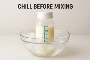 A small bottle of freshly pumped milk cooling rapidly in a bowl of ice water, symbolizing the required 30-minute cooling step before mixing.