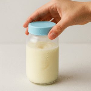 A hand gently swirling a large container where two cold portions of breast milk (one older, one newer) have just been combined, ready for storage.