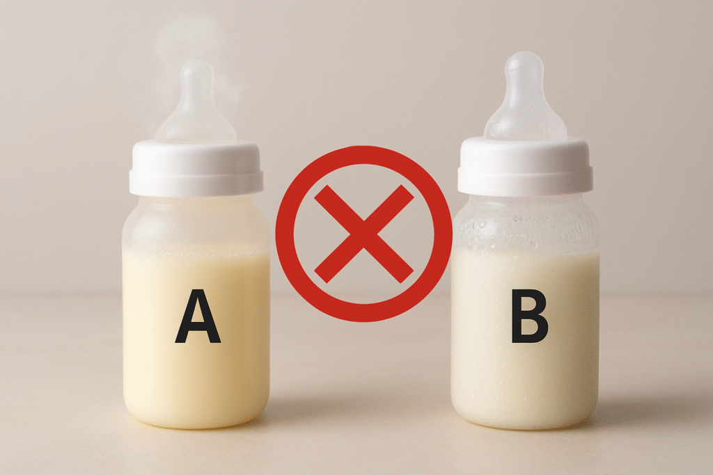 A visual warning showing a warm milk bottle (with steam) next to a cold milk bottle (with condensation), with a central graphic indicating that the two should not be combined.