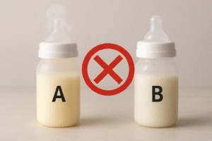 A visual warning showing a warm milk bottle (with steam) next to a cold milk bottle (with condensation), with a central graphic indicating that the two should not be combined.
