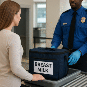 A mom calmly speaking to a TSA officer at an airport security checkpoint, with her cooler bag of breast milk clearly separated on the conveyor belt for inspection.