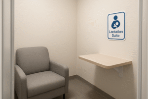 A serene interior shot of a modern airport lactation suite (e.g., Mamava pod), showing a comfortable chair, an outlet, and a small counter, suggesting a convenient space for pumping or storage during layovers.