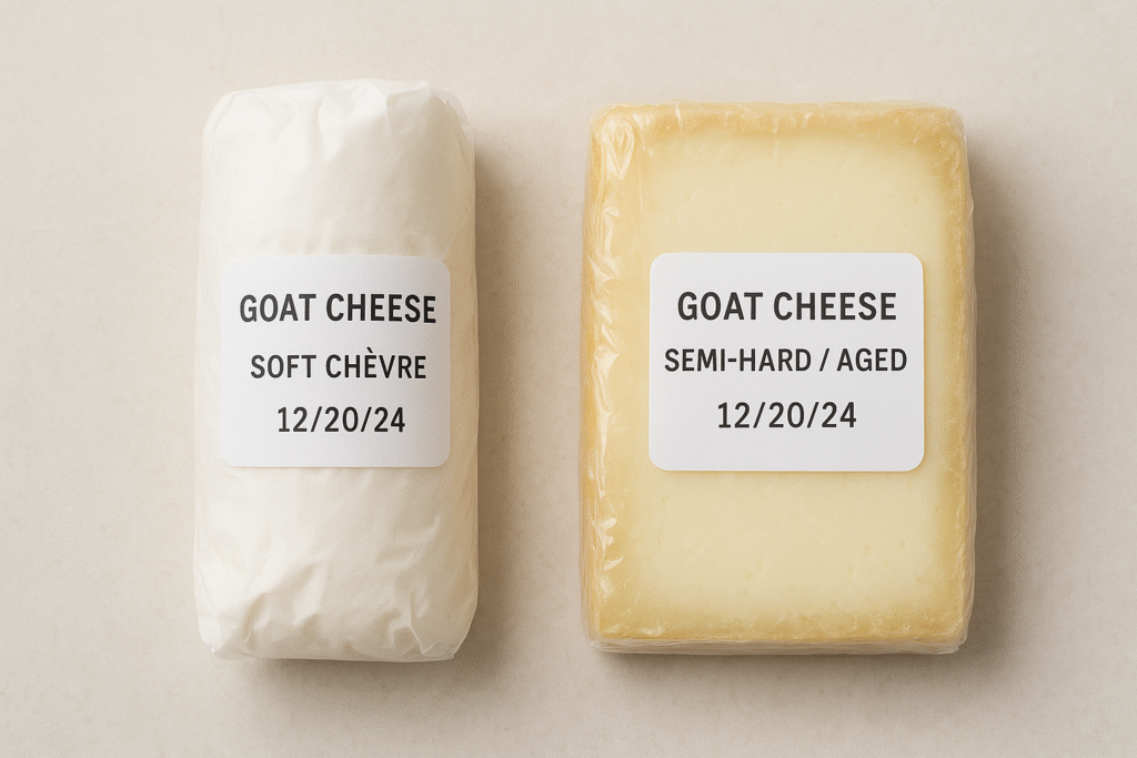 A visual comparison of a soft, fresh chèvre log and a semi-hard aged goat cheese block, both neatly wrapped and labeled for freezing, highlighting the different textures before storage.