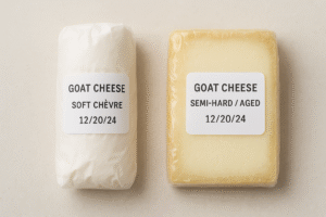 A visual comparison of a soft, fresh chèvre log and a semi-hard aged goat cheese block, both neatly wrapped and labeled for freezing, highlighting the different textures before storage.