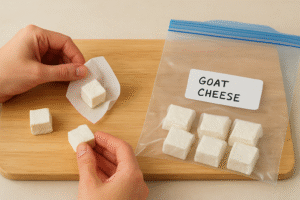 A pair of hands neatly wrapping small, portioned slices of goat cheese in wax paper and then placing them into a zip-top freezer bag, demonstrating proper airtight packaging.