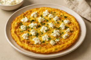 A vibrant, close-up shot of a warm, savory dish like an omelet or pasta, topped with crumbled thawed goat cheese, highlighting its best use in cooked applications.